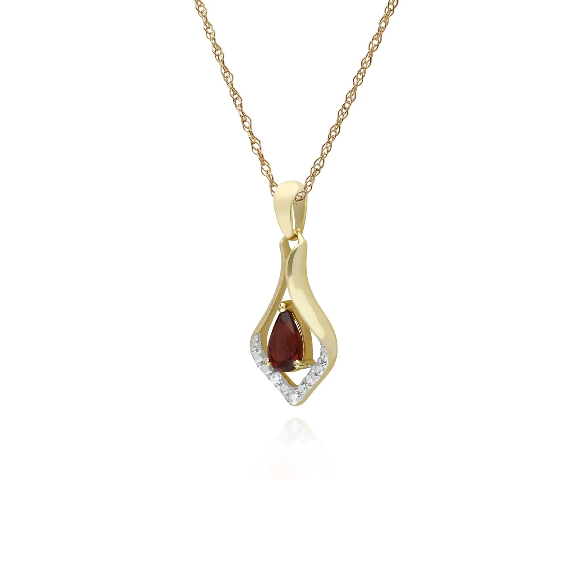 Classic Pear Garnet & Three Diamond Leaf Halo Pendant in 9ct Yellow Gold sold by Gemondo Jewellery product image thumbnail 2