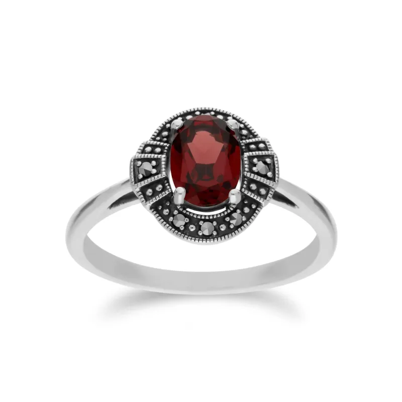 Art Deco Style Oval Garnet & Marcasite Halo Ring in 925 Sterling Silver sold by Gemondo Jewellery