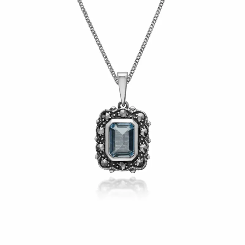 Art Deco Style Octagon Blue Topaz & Marcasite Pendant in 925 Sterling Silver sold by Gemondo Jewellery