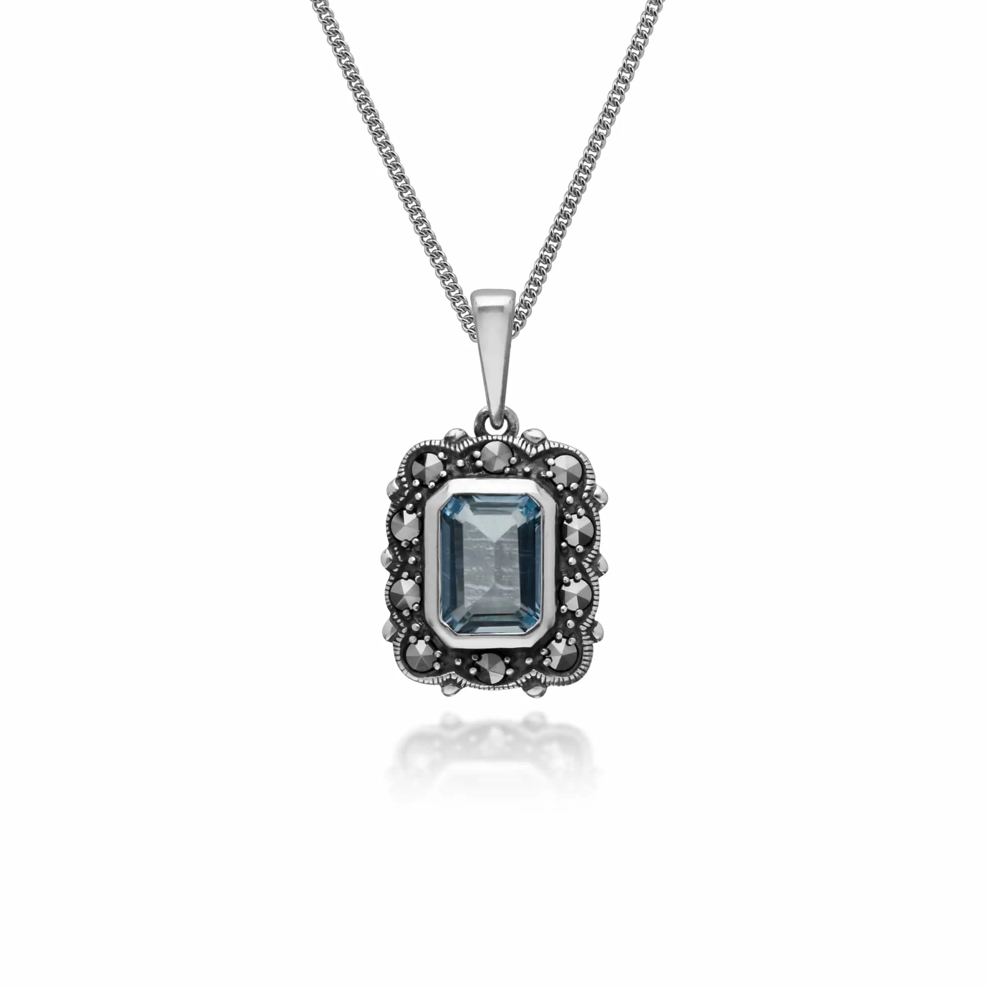 Art Deco Style Octagon Blue Topaz & Marcasite Pendant in 925 Sterling Silver sold by Gemondo Jewellery