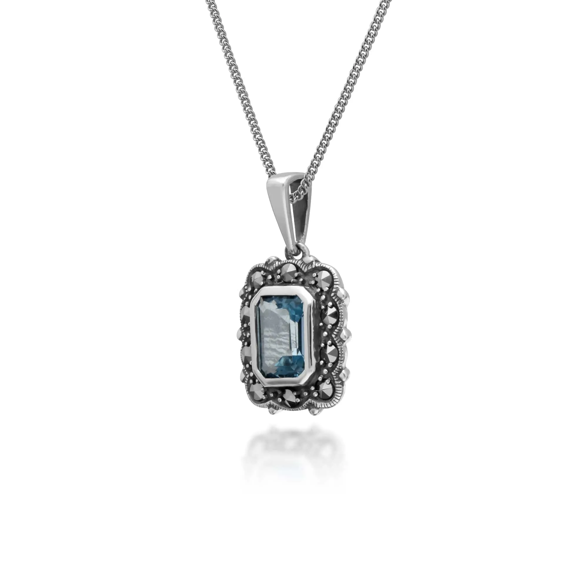 Art Deco Style Octagon Blue Topaz & Marcasite Pendant in 925 Sterling Silver sold by Gemondo Jewellery product image thumbnail 2