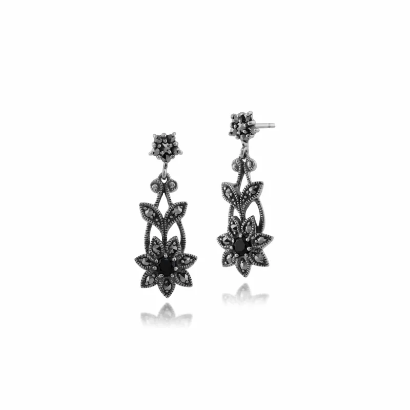 Art Nouveau Style Black Spinel & Marcasite Floral Drop Earrings in 925 Sterling Silver sold by Gemondo Jewellery