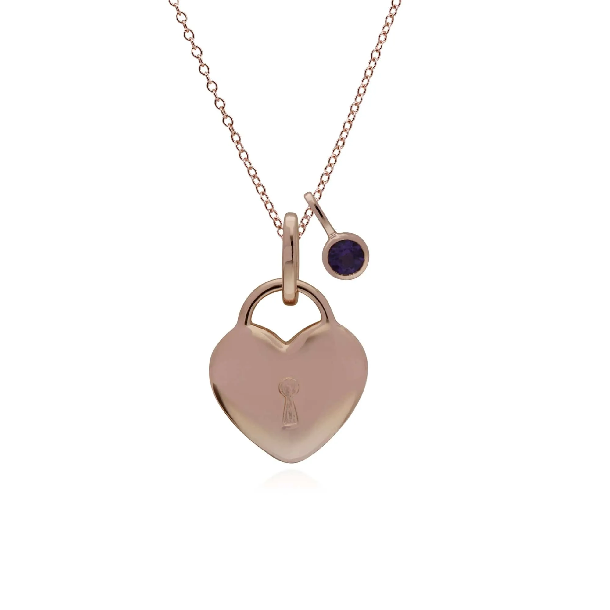 Classic Heart Lock Pendant & Amethyst Charm in Rose Gold Plated 925 Sterling Silver sold by Gemondo Jewellery