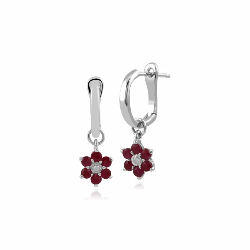 Floral Round Ruby & Diamond Omega Back Hoop Earrings in 9ct White Gold sold by Gemondo Jewellery