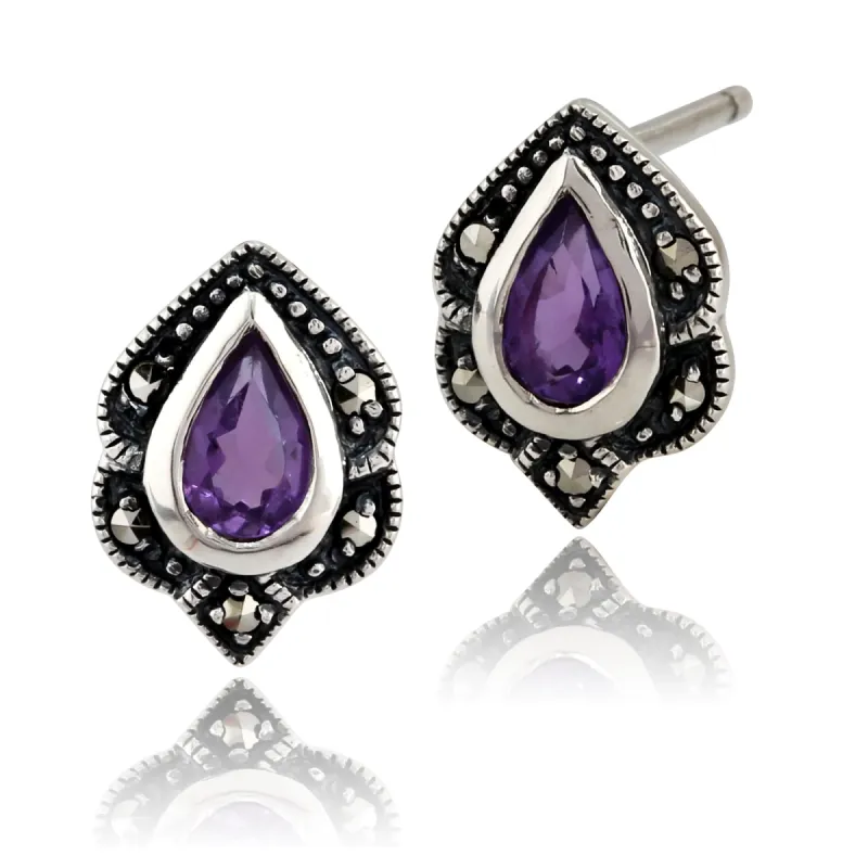 Art Nouveau Style Pear Amethyst & Marcasite Stud Earrings in 925 Sterling Silver sold by Gemondo Jewellery