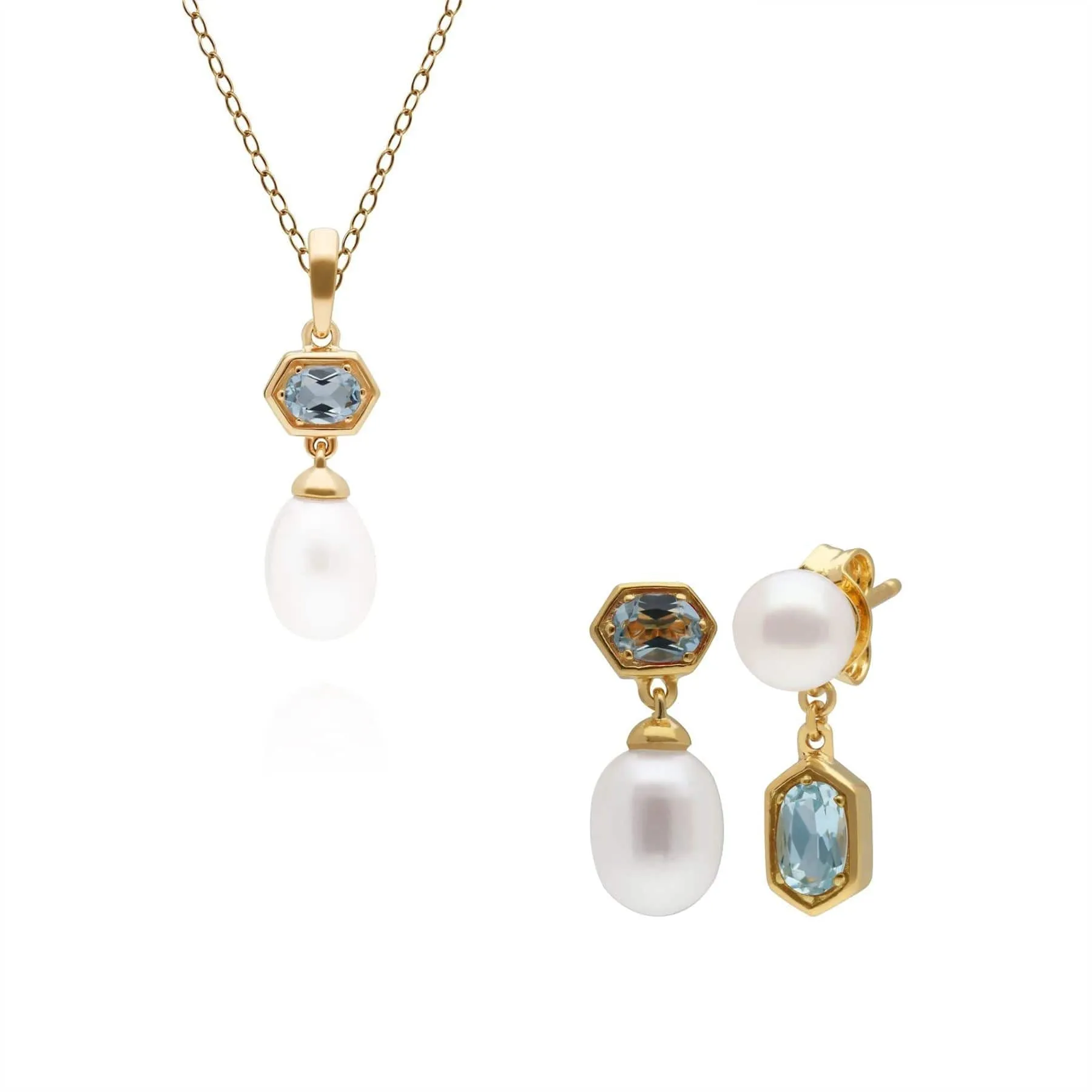 Modern Pearl & Blue Topaz Pendant & Earring Set in Gold Plated Silver sold by Gemondo Jewellery