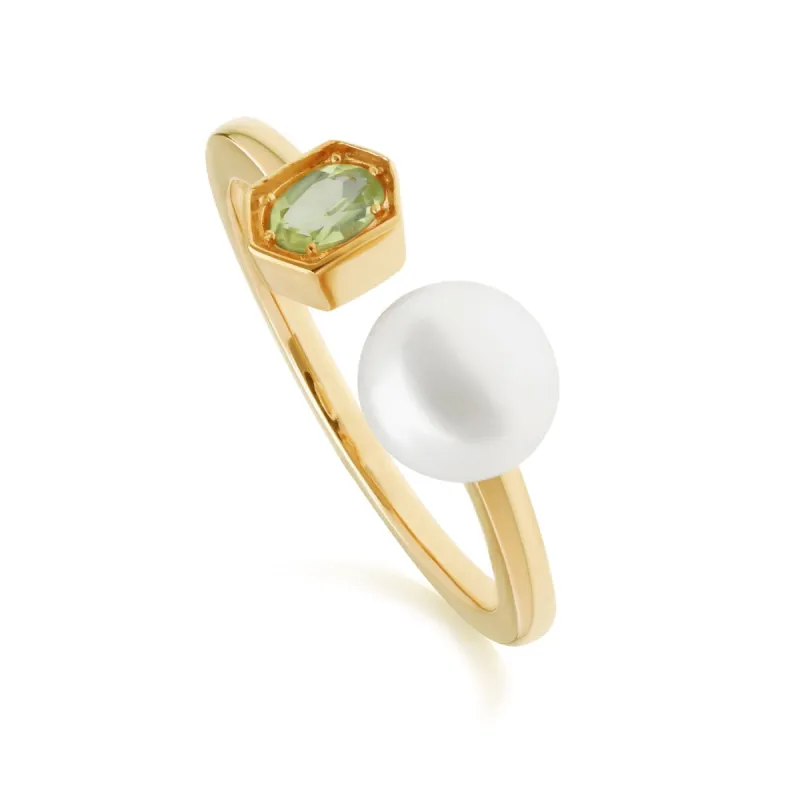 Modern Pearl & Peridot Open Ring in Gold Plated Silver sold by Gemondo Jewellery