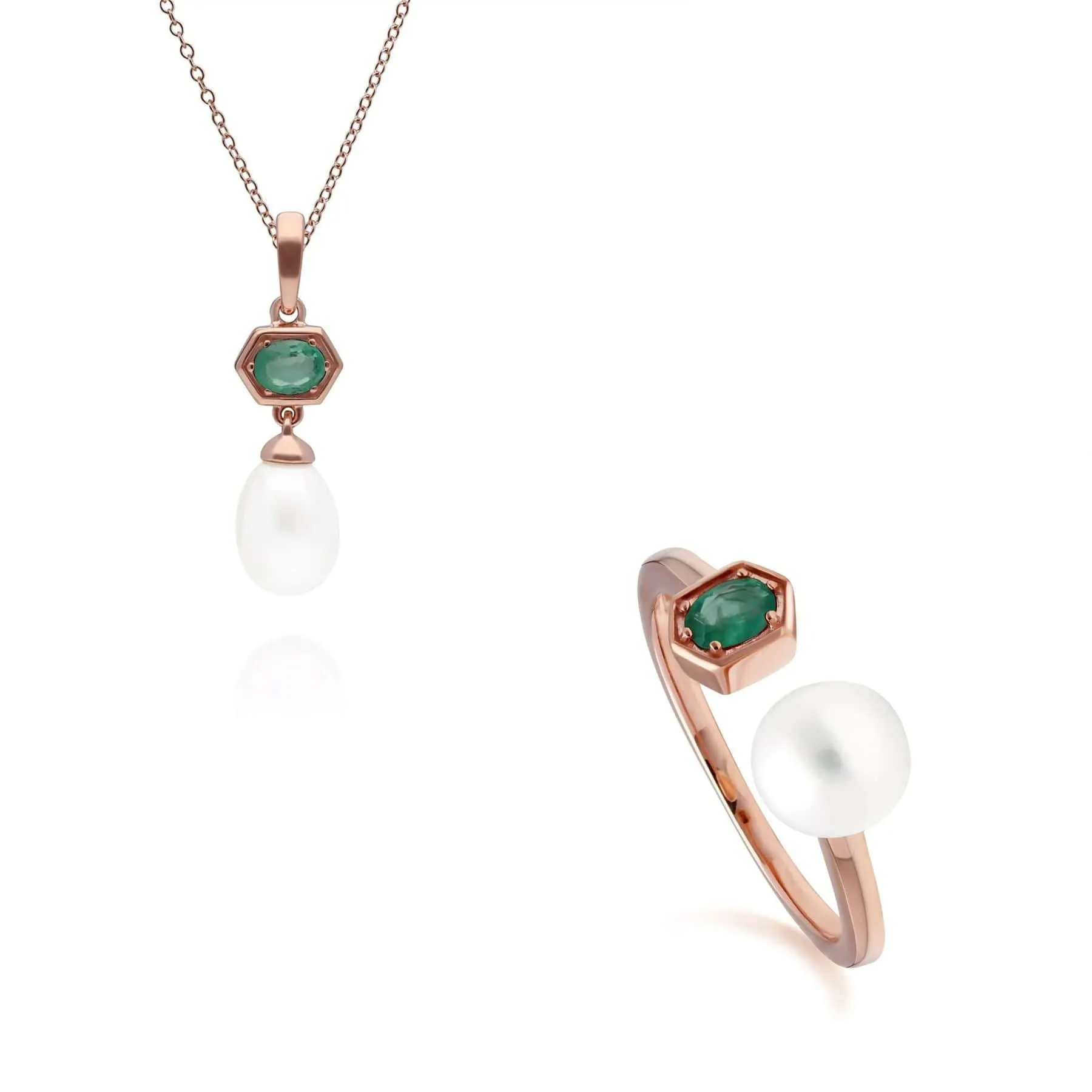 Modern Pearl & Emerald Pendant & Ring Set in Rose Gold Plated Silver sold by Gemondo Jewellery