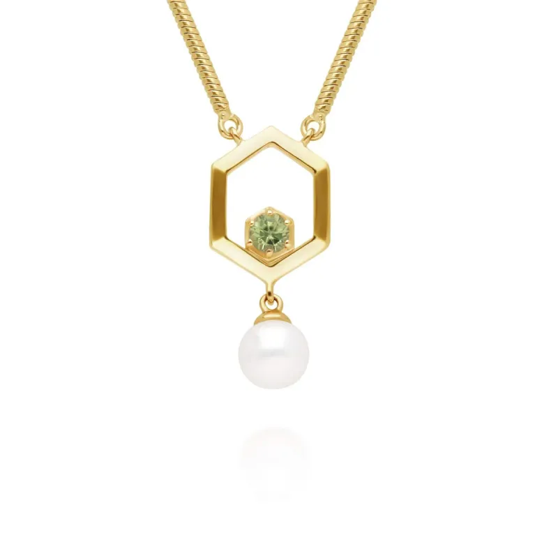 Modern Pearl & Peridot Hexagon Drop Necklace in Gold Plated Silver sold by Gemondo Jewellery