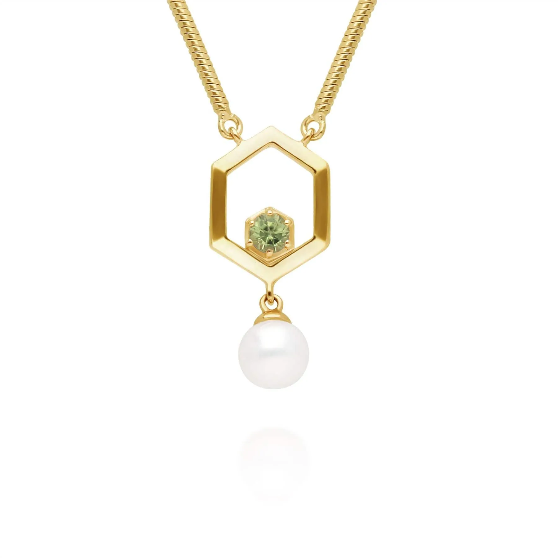 Modern Pearl & Peridot Hexagon Drop Necklace in Gold Plated Silver sold by Gemondo Jewellery