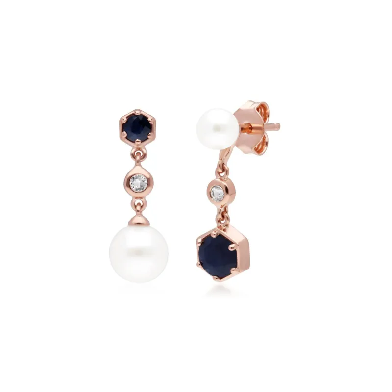 Modern Pearl, Sapphire & Topaz Mismatched Drop Earrings in Rose Gold Plated Silver sold by Gemondo Jewellery