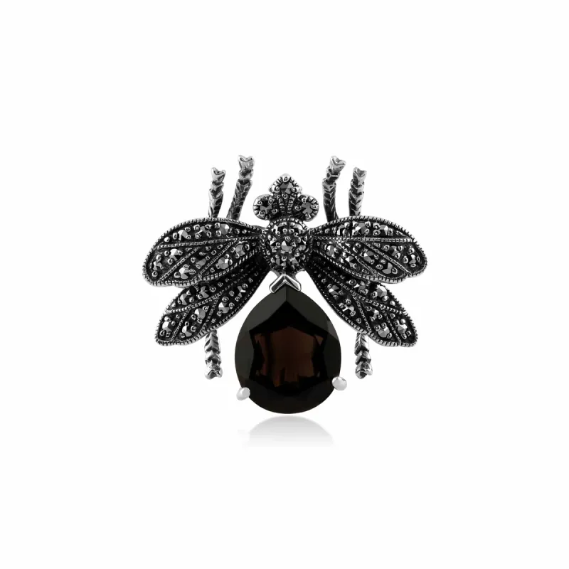 Marcasite & Smokey Quartz Bumble Bee Brooch in 925 Sterling Silver made by Gemondo Jewellery