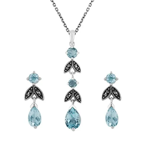 Art Nouveau Style Style Pear Blue Topaz & Marcasite Leaf Drop Earrings & Pendant Set in 925 Sterling Silver sold by Gemondo Jewellery