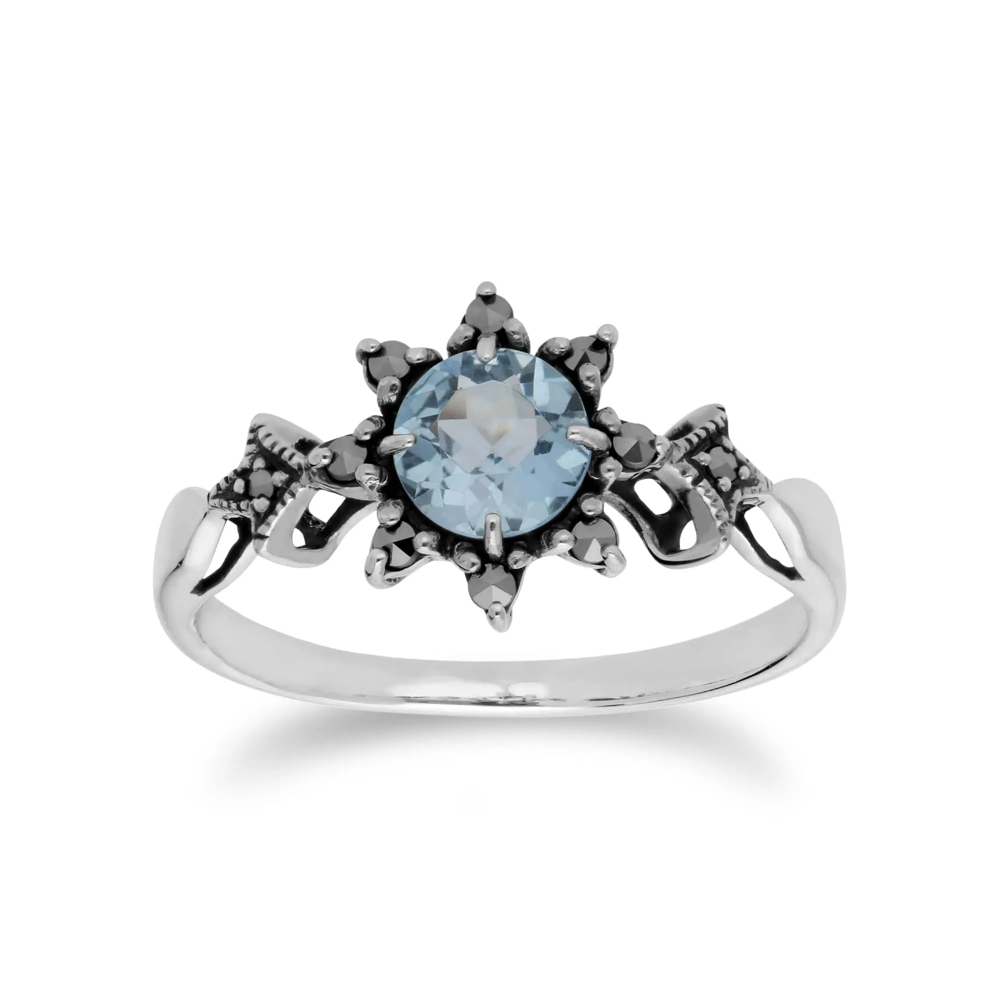 Art Deco Style Round Blue Topaz & Marcasite Floral Ring in 925 Sterling Silver sold by Gemondo Jewellery