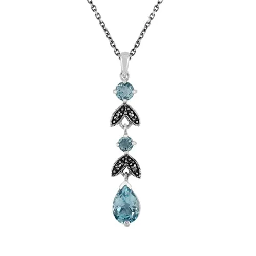 Art Nouveau Style Style Pear Blue Topaz & Marcasite Leaf Drop Earrings & Pendant Set in 925 Sterling Silver sold by Gemondo Jewellery product image thumbnail 5