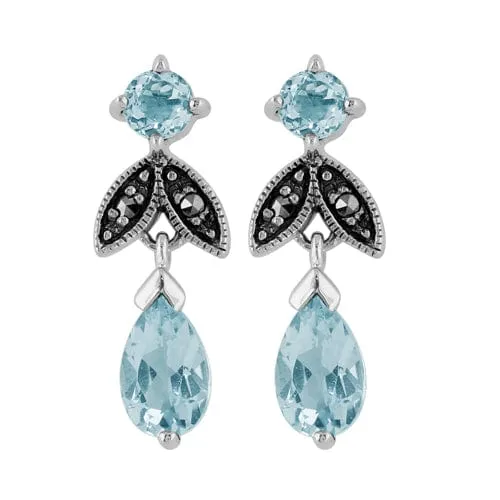 Art Nouveau Style Style Pear Blue Topaz & Marcasite Leaf Drop Earrings & Pendant Set in 925 Sterling Silver sold by Gemondo Jewellery product image thumbnail 2