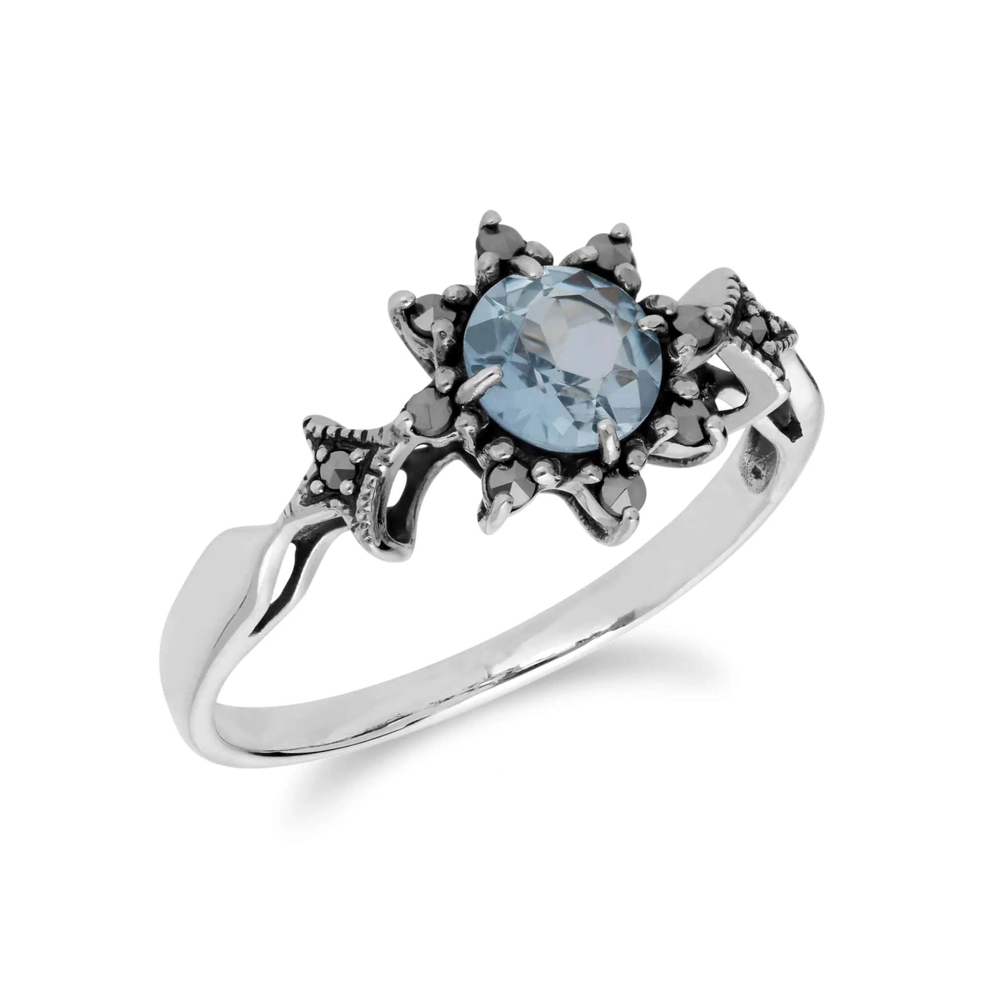 Art Deco Style Round Blue Topaz & Marcasite Floral Ring in 925 Sterling Silver sold by Gemondo Jewellery product image thumbnail 2