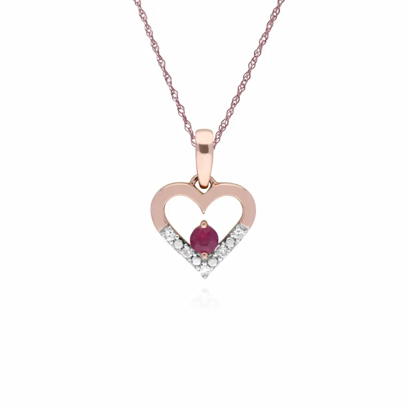 Classic Round Ruby & Diamond Love Heart Shaped Pendant in 9ct Rose Gold sold by Gemondo Jewellery