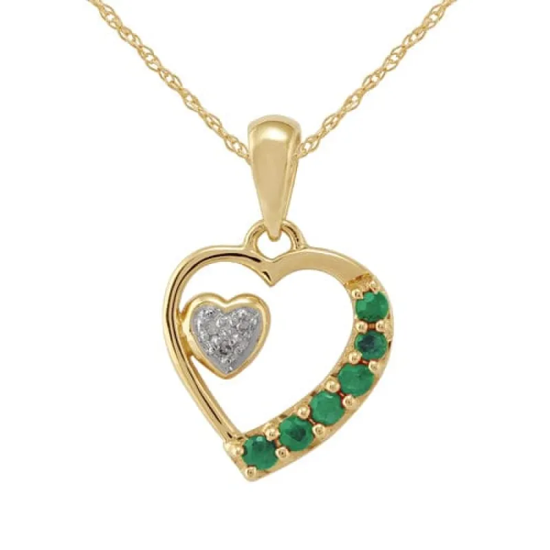 9ct Yellow Gold 0.18ct Natural Emerald & 1.2pt Diamond Heart Pendant on Chain sold by Gemondo Jewellery