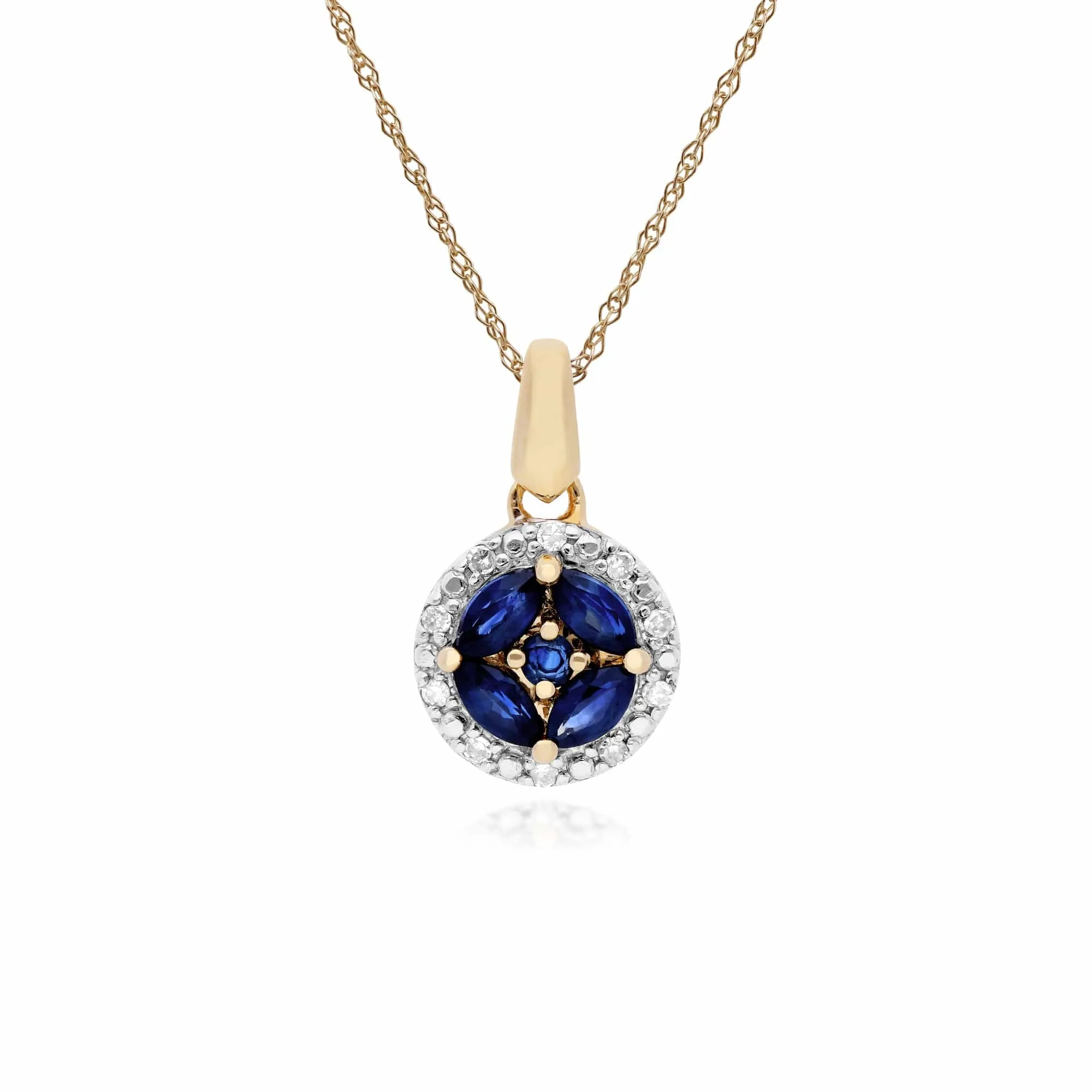 Classic Marquise Sapphire & Diamond Halo Cluster Pendant in 9ct Yellow Gold sold by Gemondo Jewellery