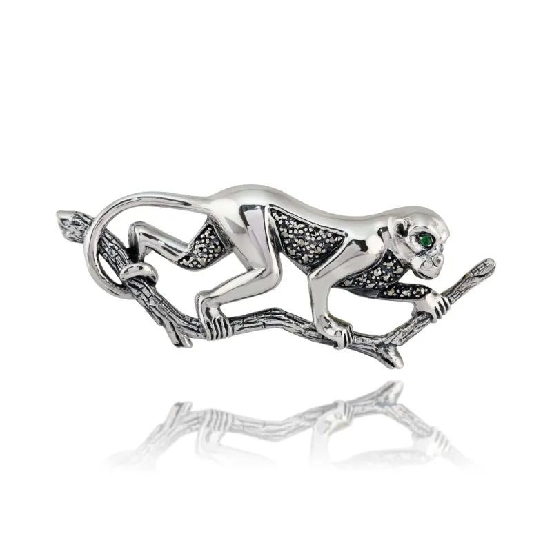 Art Nouveau Style Round Emerald & Marcasite Monkey Brooch in 925 Sterling Silver made by Gemondo Jewellery