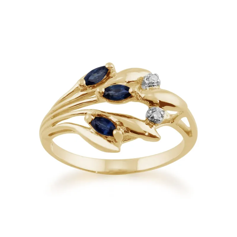 Floral 0.22ct Marquise Sapphire & Diamond Ring in 9ct Yellow Gold sold by Gemondo Jewellery