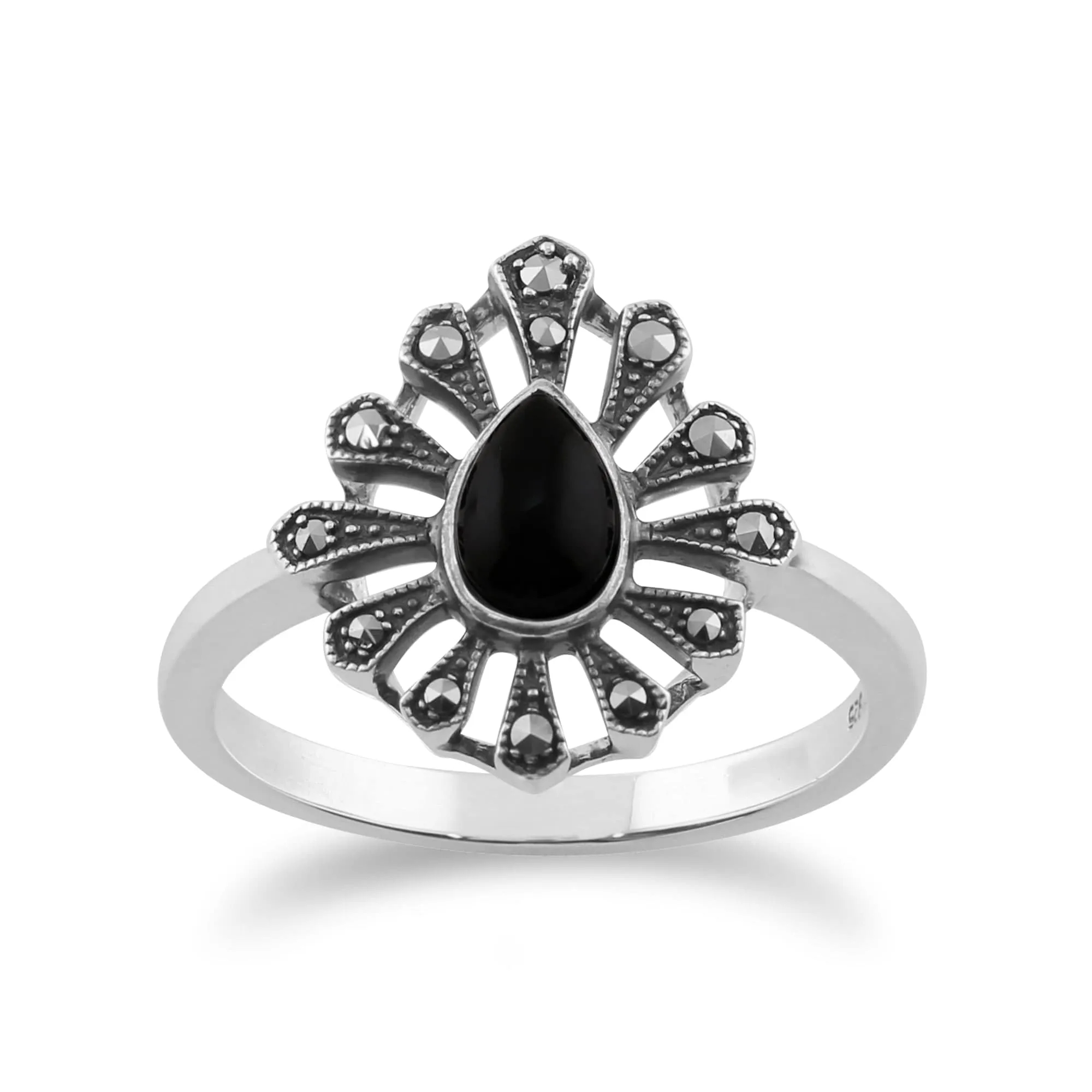 Art Deco Black Onyx & Marcasite Silver Ring sold by Gemondo Jewellery