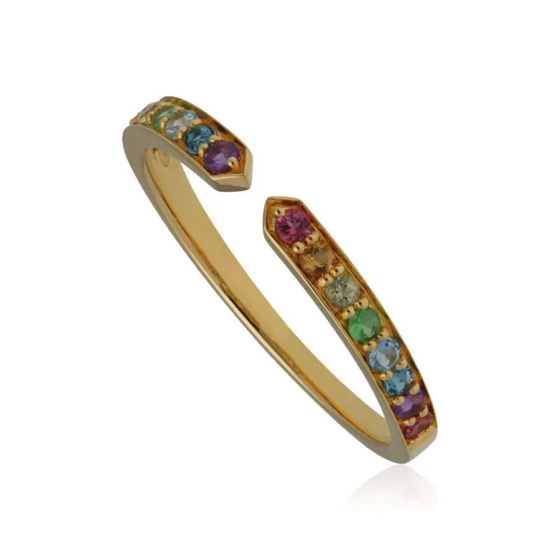 Rainbow Gemstone Open Ring in Gold Plated Sterling Silver sold by Gemondo Jewellery