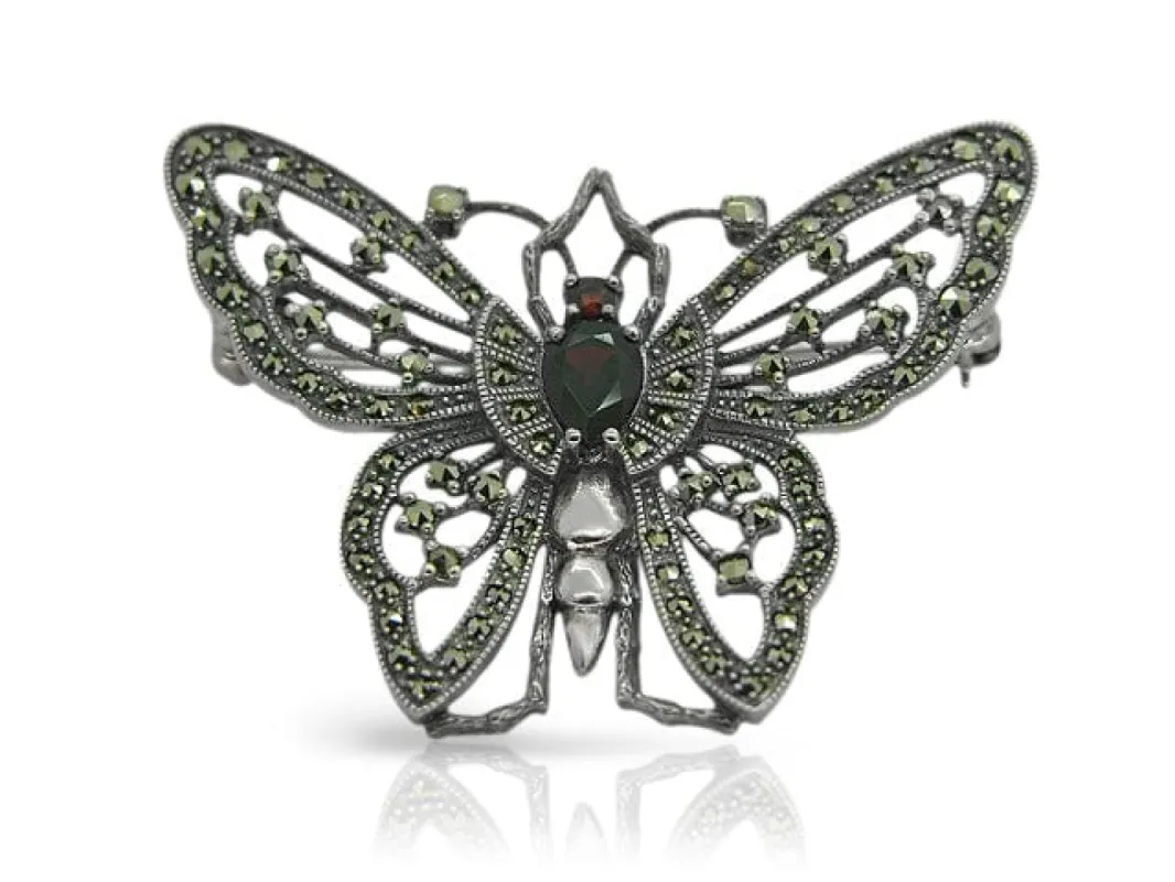 925 Sterling Silver Marcasite & Garnet Butterfly Brooch sold by Gemondo Jewellery