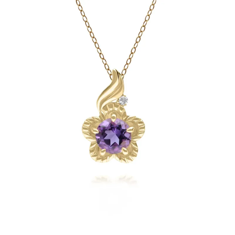 Floral Round Amethyst & Diamond Pendant in 9ct Yellow Gold sold by Gemondo Jewellery