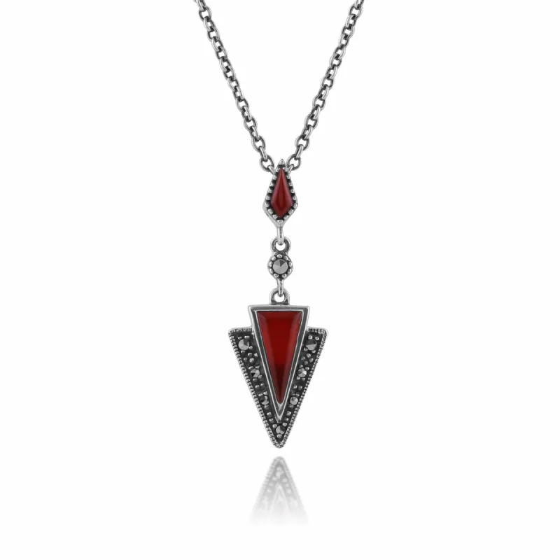 Art Deco Style Carnelian & Marcasite Pendant in 925 Sterling Silver sold by Gemondo Jewellery