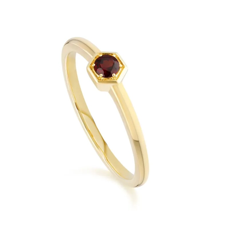 Honeycomb Inspired Garnet Solitaire Ring in 9ct Yellow Gold sold by Gemondo Jewellery