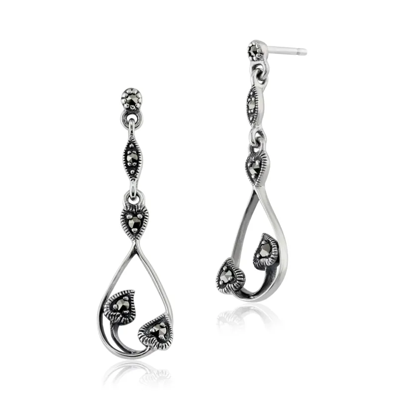 Art Nouveau Style Round Marcasite Drop Earrings in 925 Sterling Silver sold by Gemondo Jewellery