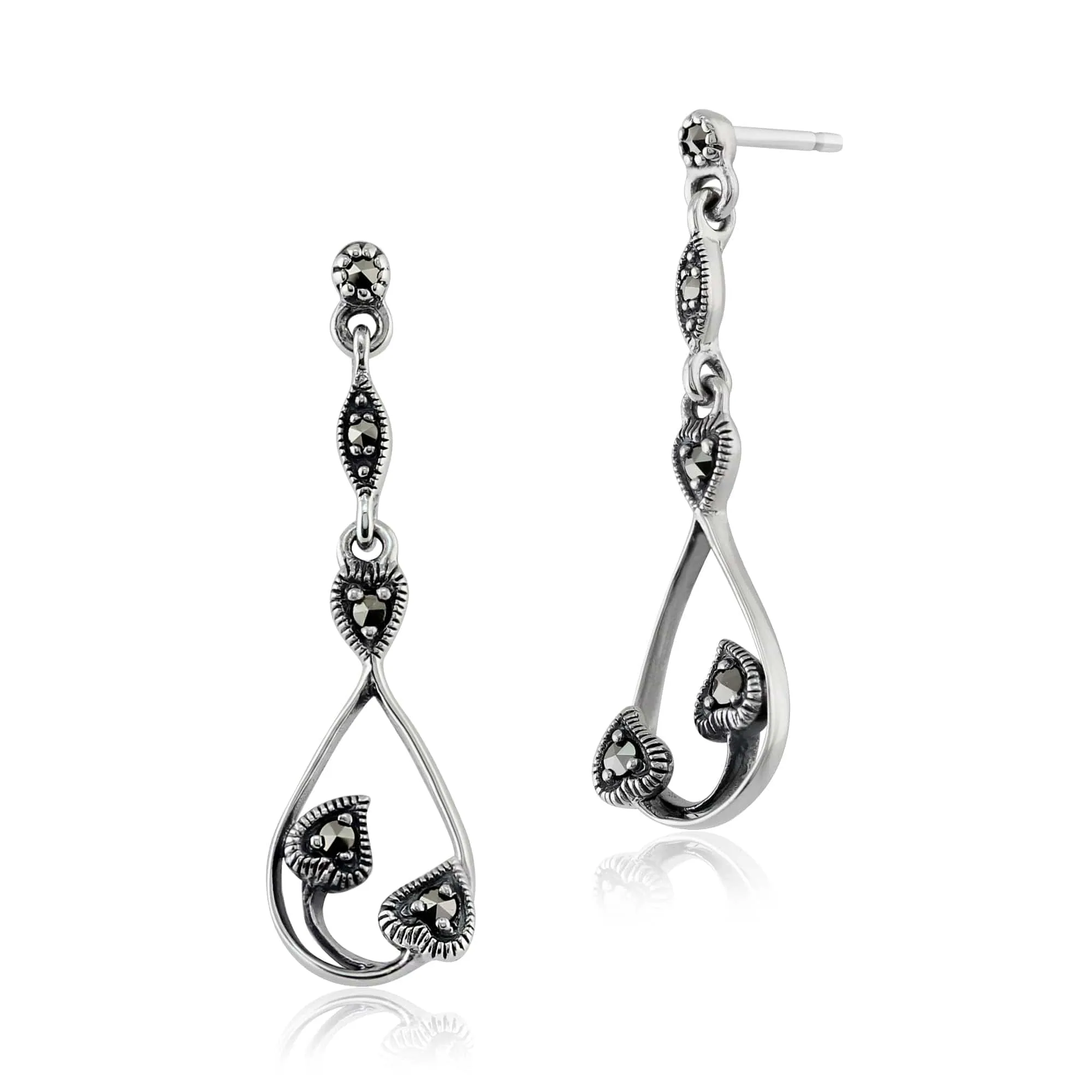 Art Nouveau Style Round Marcasite Drop Earrings in 925 Sterling Silver sold by Gemondo Jewellery