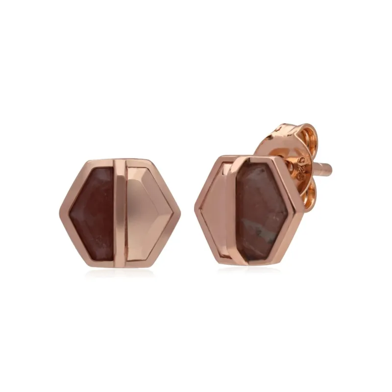 Micro Statement Rhodochrosite Hexagon Stud Earrings in Rose Plated Silver sold by Gemondo Jewellery
