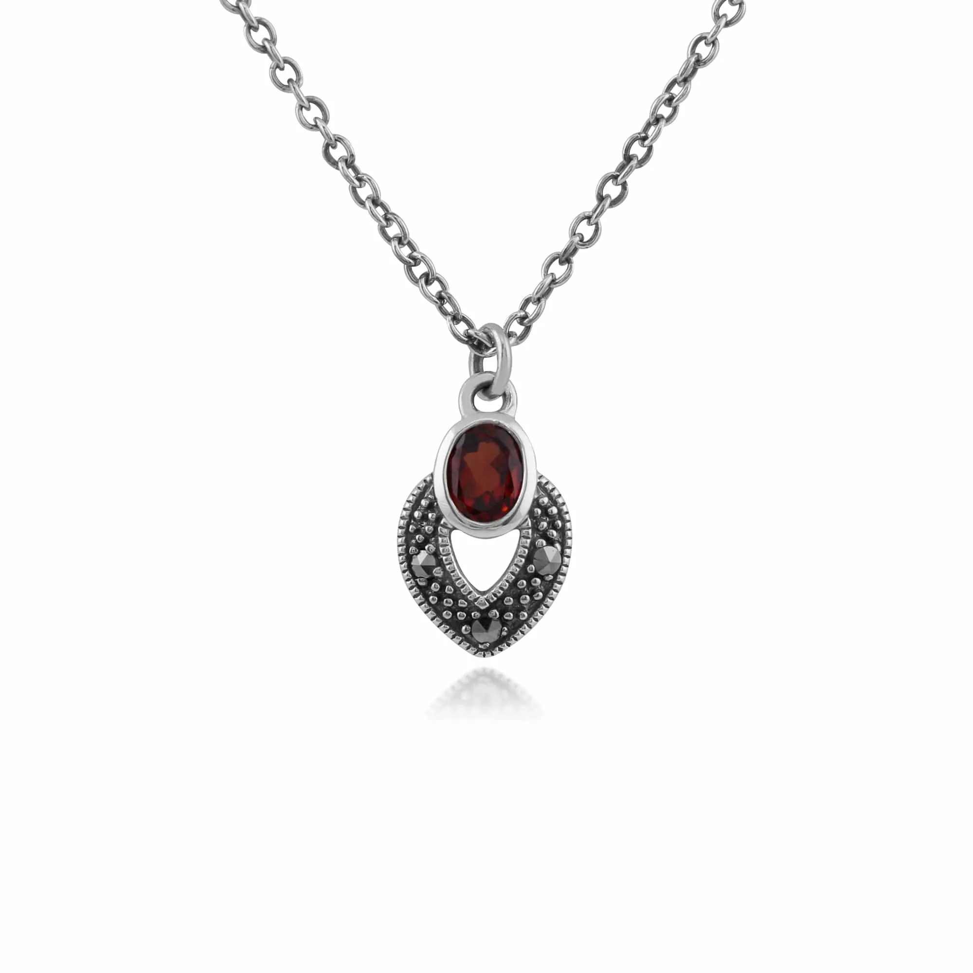 Art Deco Style Oval Garnet & Marcasite Necklace in 925 Sterling Silver sold by Gemondo Jewellery