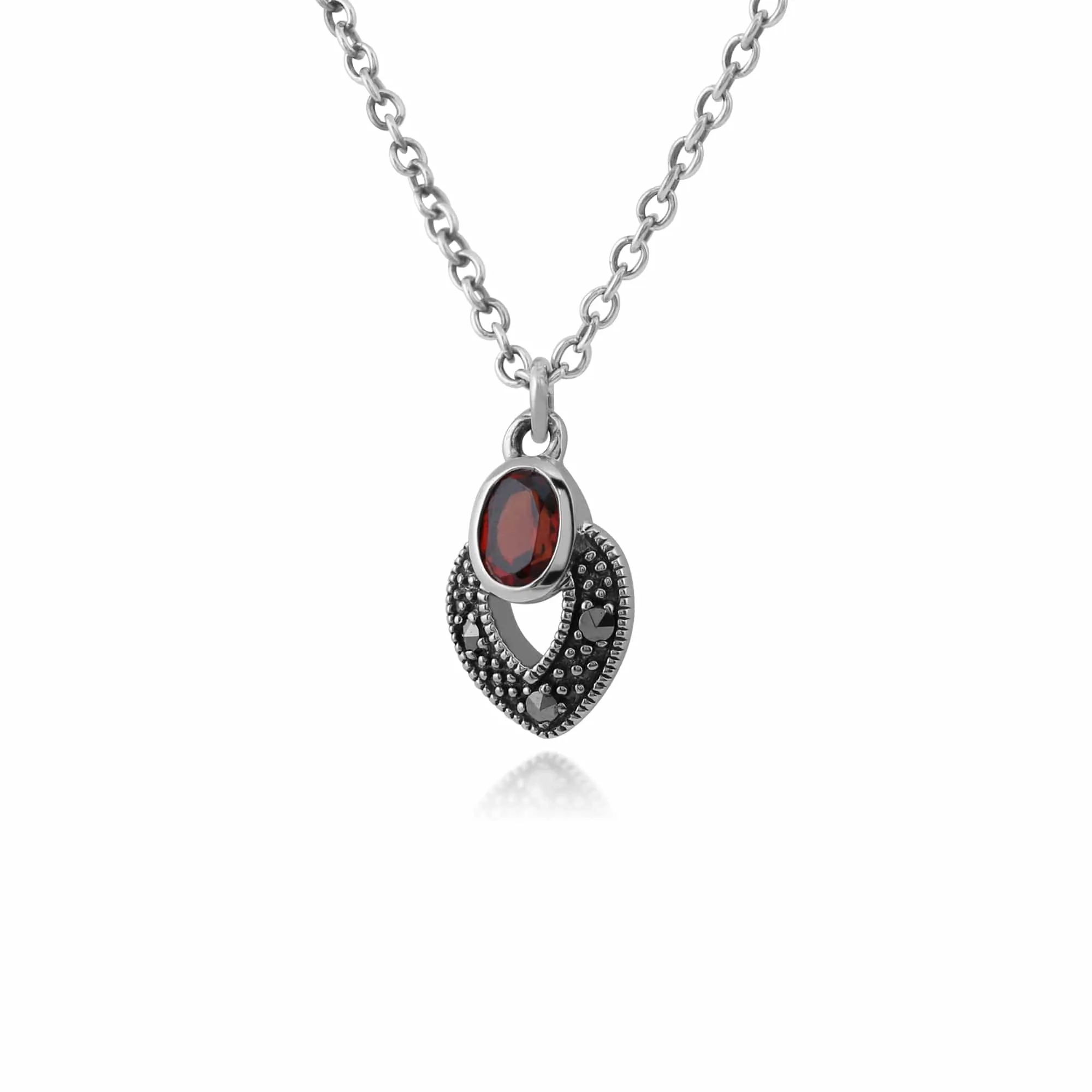 Art Deco Style Oval Garnet & Marcasite Necklace in 925 Sterling Silver sold by Gemondo Jewellery product image thumbnail 2