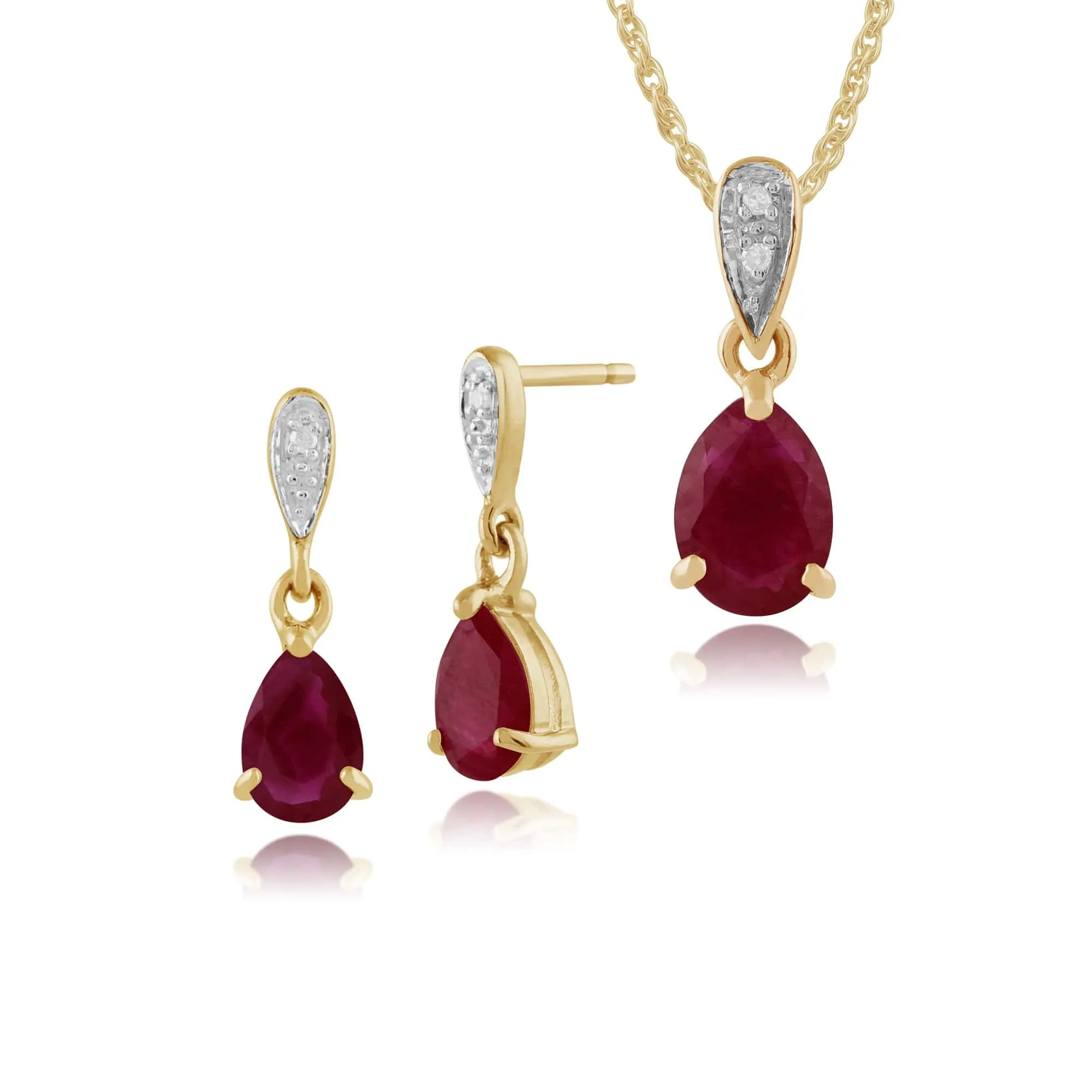Classic Pear Ruby & Diamond Drop Earrings & Pendant Set in 9ct Yellow Gold sold by Gemondo Jewellery