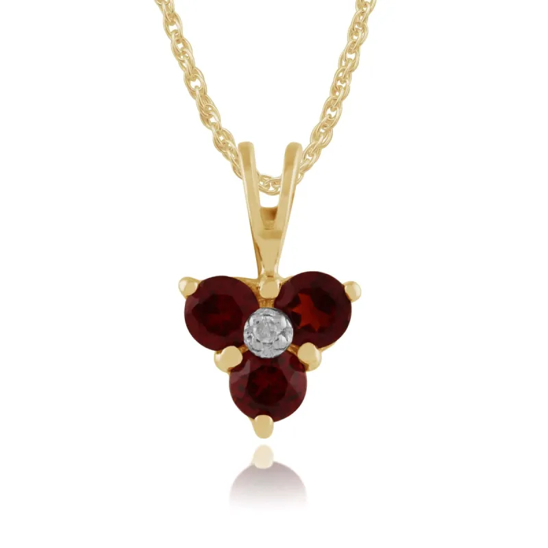 Classic Round Garnet & Diamond Cluster Pendant in 9ct Yellow Gold sold by Gemondo Jewellery