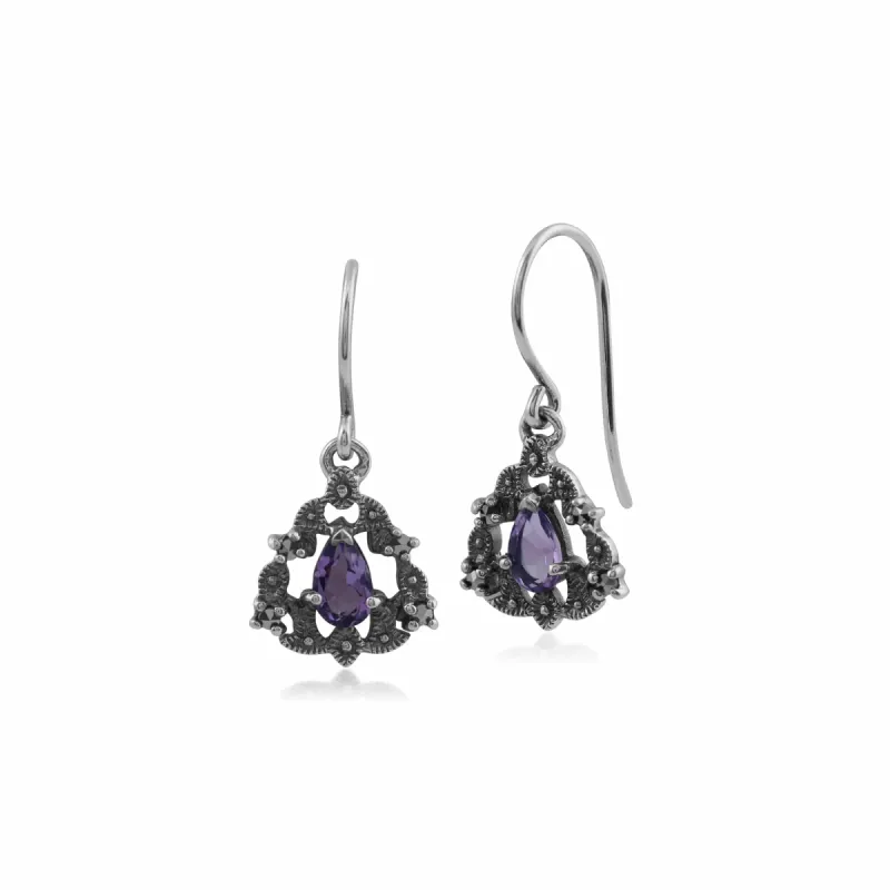 Art Nouveau Style Pear Amethyst & Marcasite Garland Drop Earrings in 925 Sterling Silver sold by Gemondo Jewellery