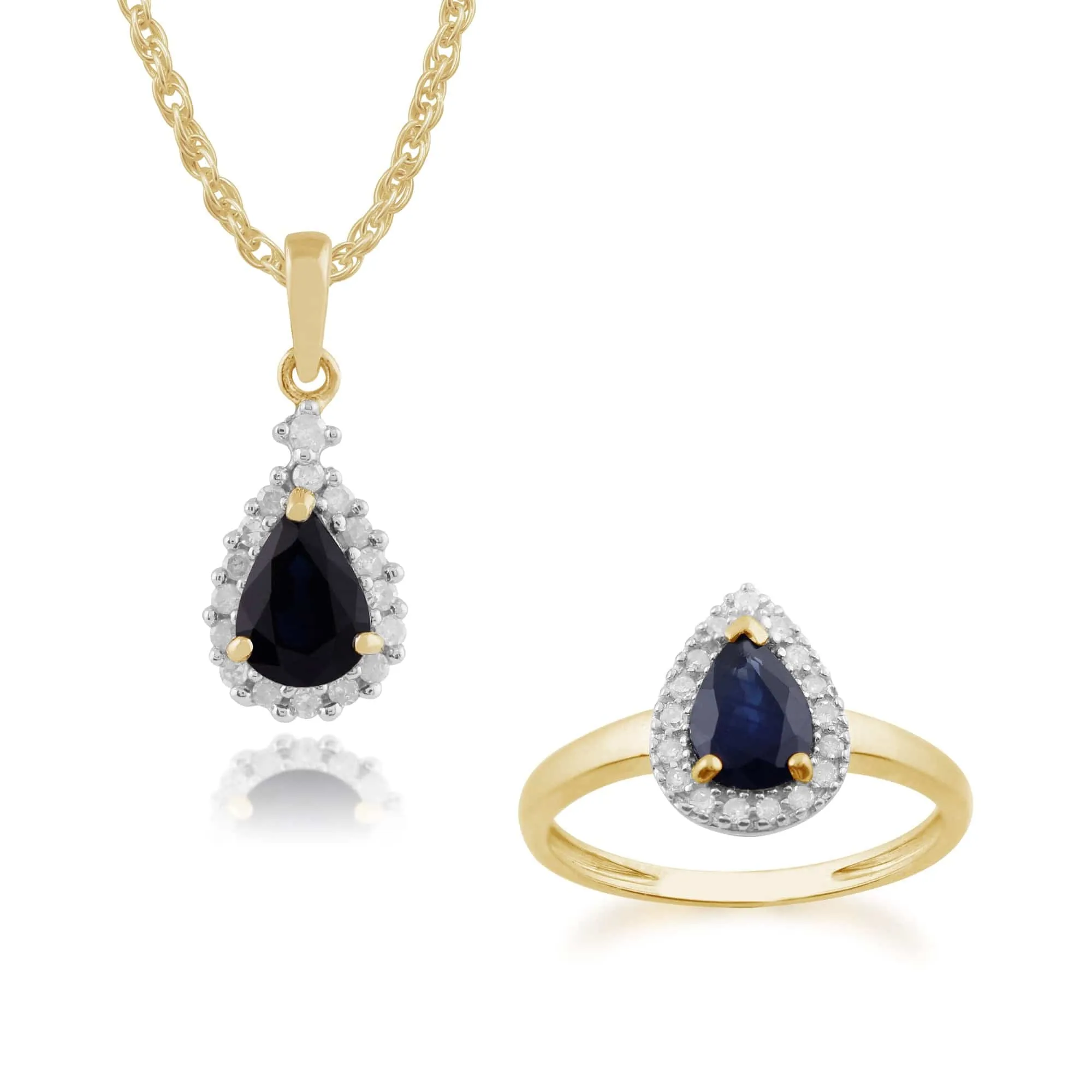 Classic Pear Sapphire & Diamond Halo Pendant & Ring Set in 9ct Yellow Gold sold by Gemondo Jewellery