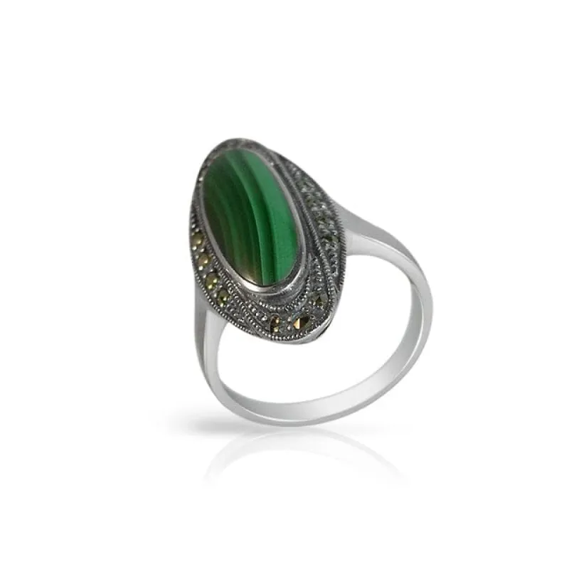 Art Deco Style Oval Malachite Cabochon Cocktail Ring in 925 Sterling Silver sold by Gemondo Jewellery