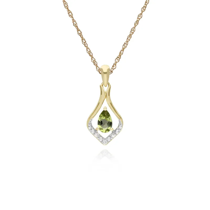 Classic Pear Peridot &  Diamond Leaf Halo Pendant in 9ct Yellow Gold sold by Gemondo Jewellery