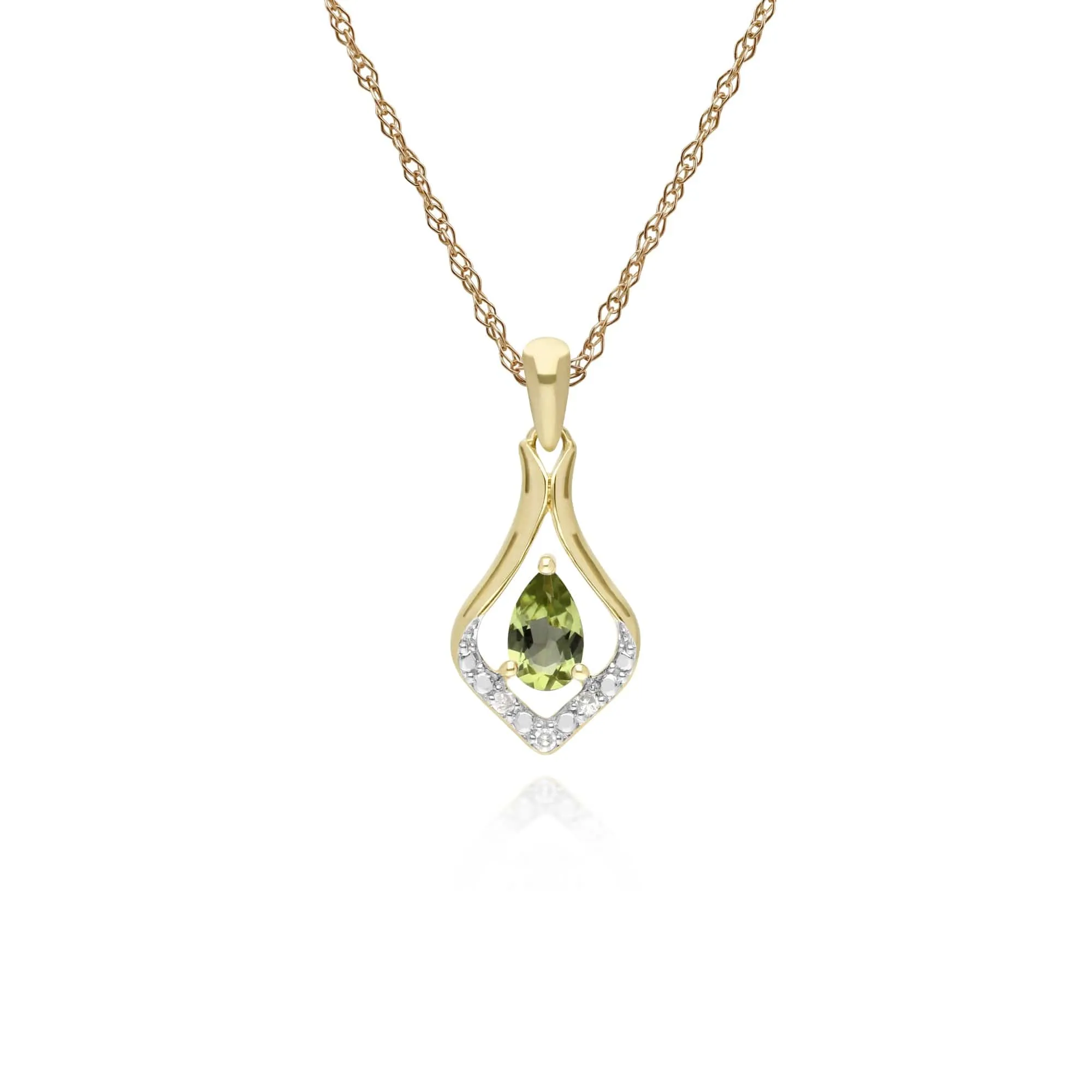Classic Pear Peridot & Diamond Leaf Halo Pendant in 9ct Yellow Gold sold by Gemondo Jewellery