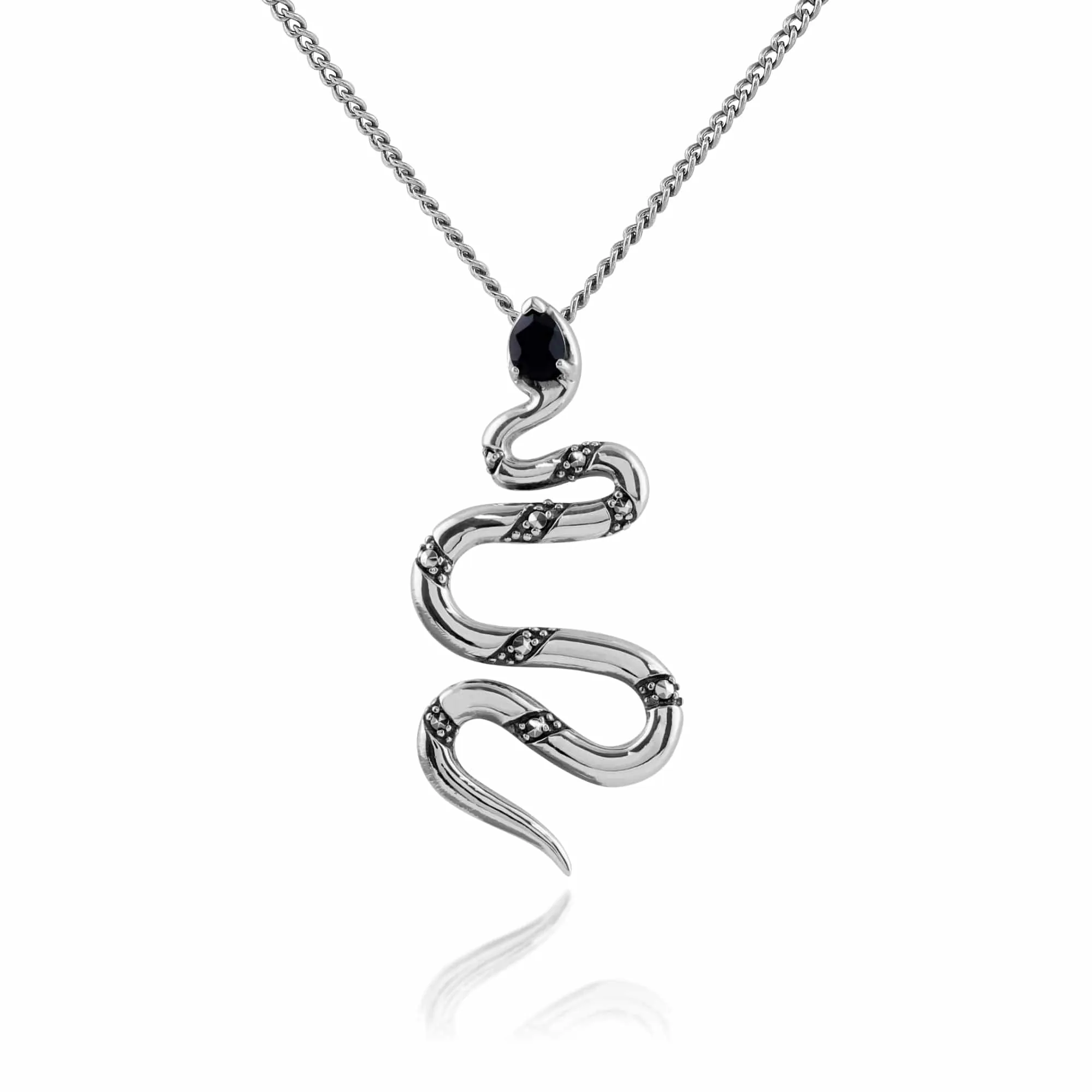 Art Nouveau Style Style Pear Black Spinel & Marcasite Snake Drop Earrings & Necklace Set in 925 Sterling Silver sold by Gemondo Jewellery product image thumbnail 4