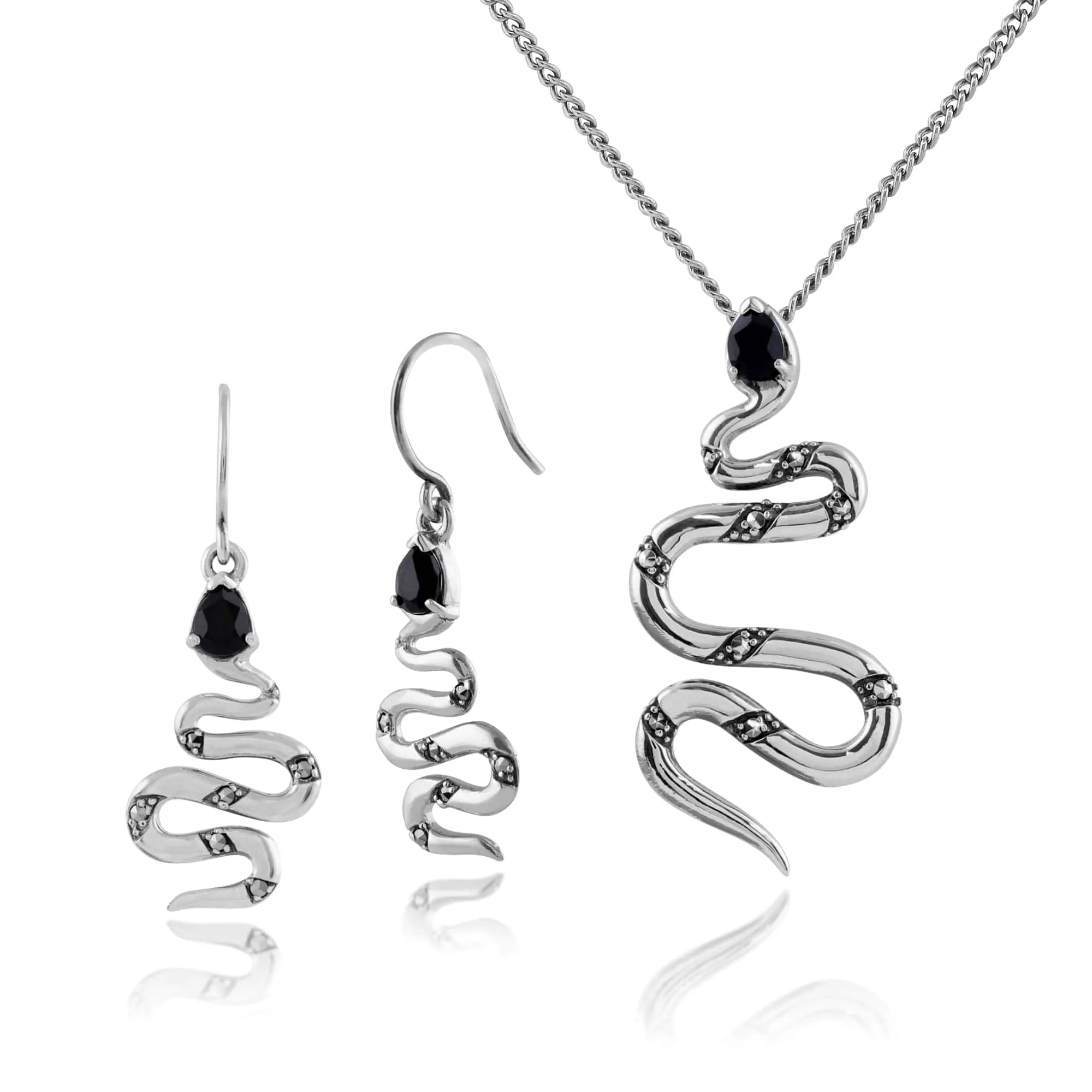 Art Nouveau Style Style Pear Black Spinel & Marcasite Snake Drop Earrings & Necklace Set in 925 Sterling Silver sold by Gemondo Jewellery