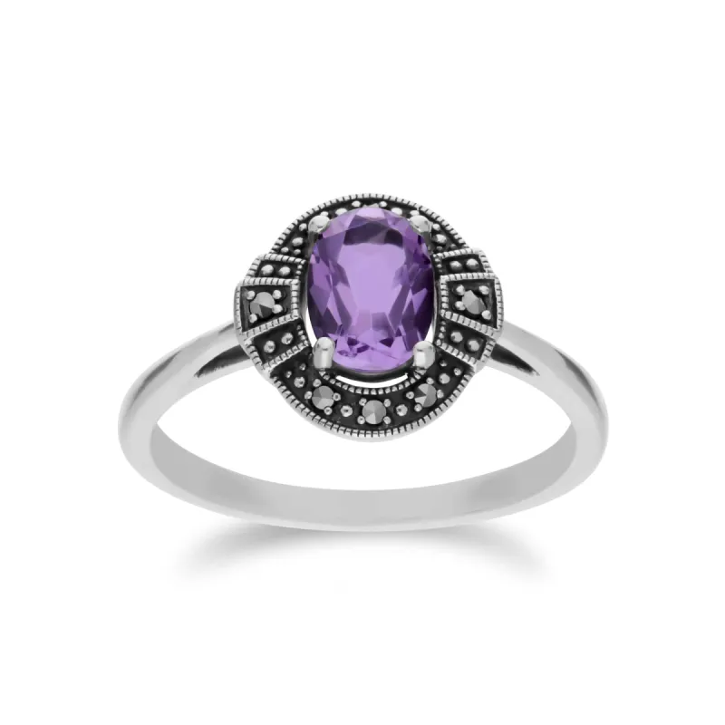 Art Deco Style Oval Amethyst & Marcasite Silver  Halo Ring sold by Gemondo Jewellery