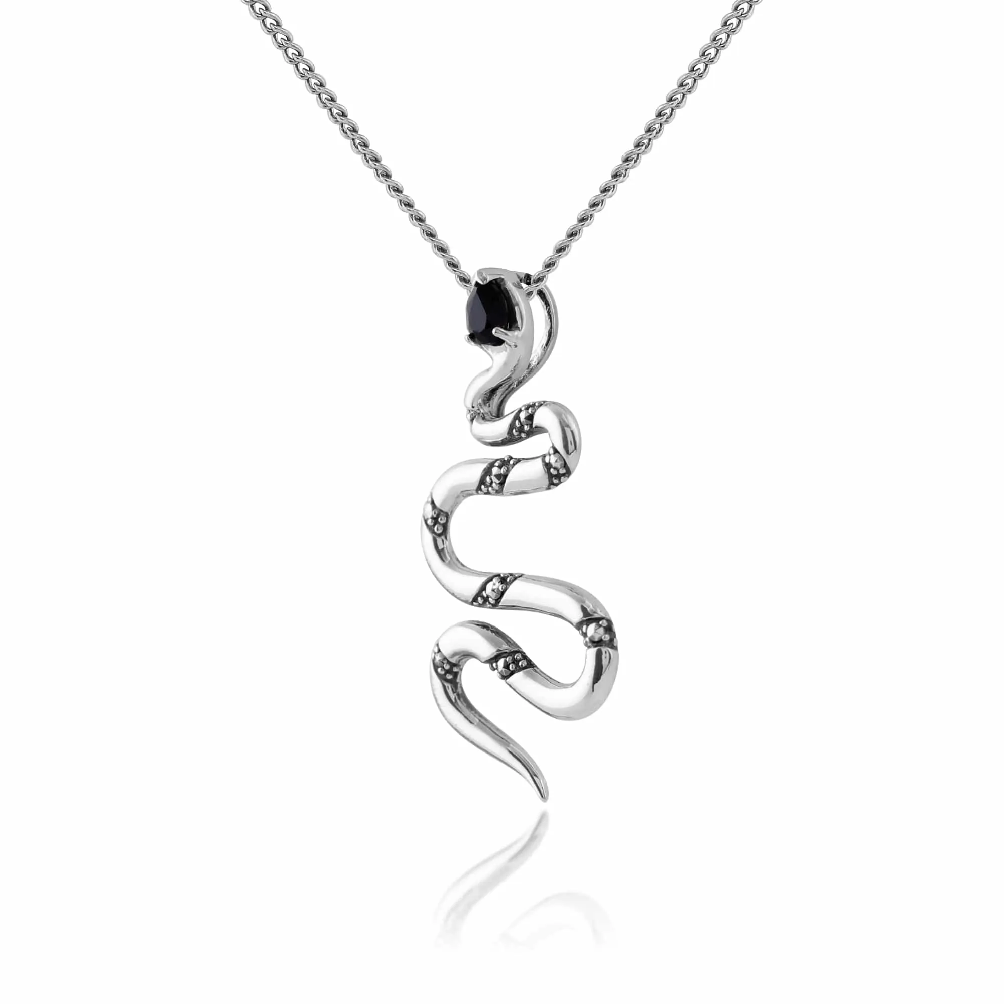 Art Nouveau Style Style Pear Black Spinel & Marcasite Snake Drop Earrings & Necklace Set in 925 Sterling Silver sold by Gemondo Jewellery product image thumbnail 5