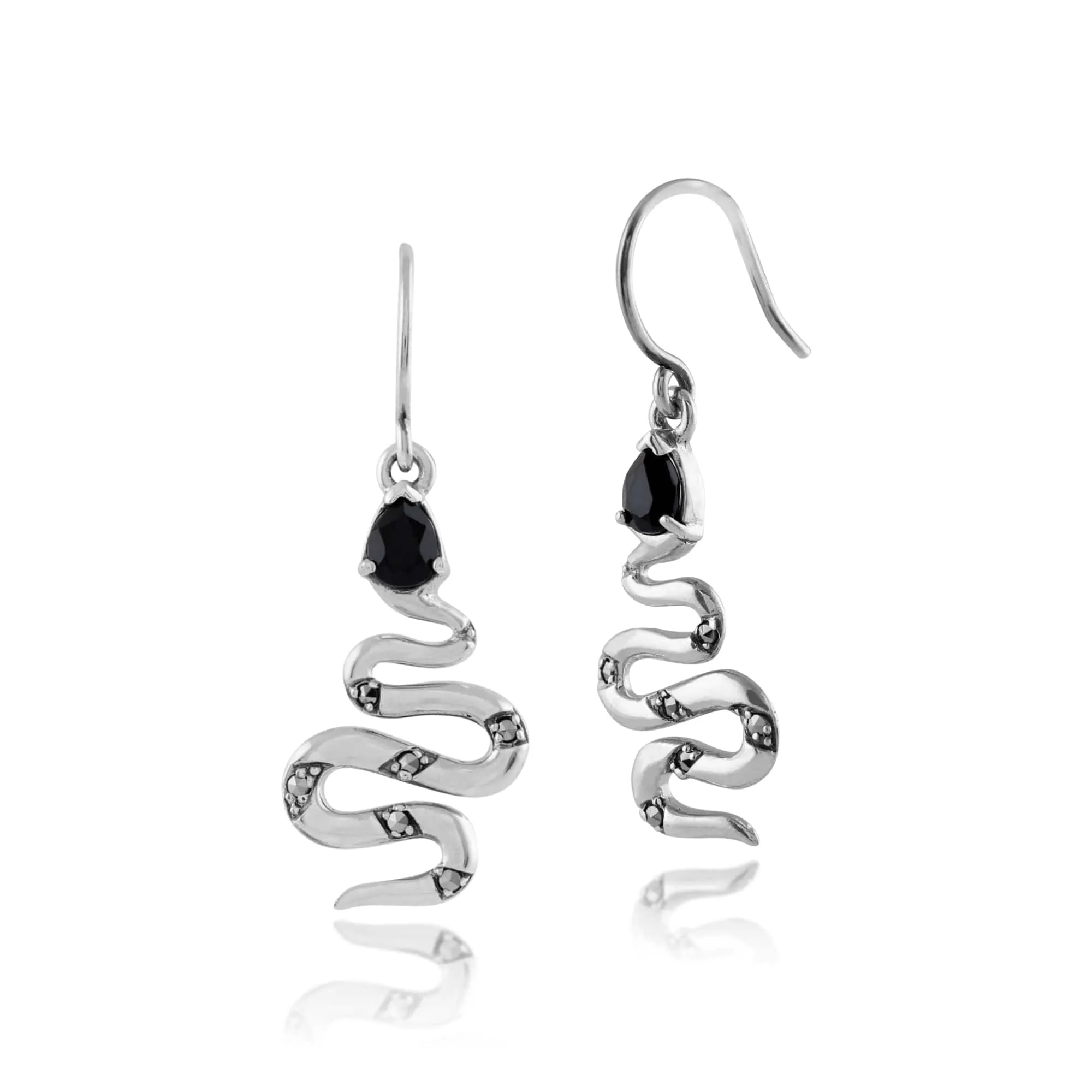 Art Nouveau Style Style Pear Black Spinel & Marcasite Snake Drop Earrings & Necklace Set in 925 Sterling Silver sold by Gemondo Jewellery product image thumbnail 2
