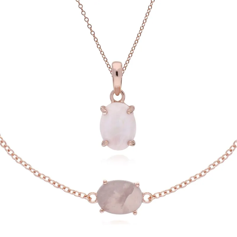 Classic Oval Rose Quartz Bracelet & Pendant Set in Rose Gold Plated 925 Sterling Silver sold by Gemondo Jewellery